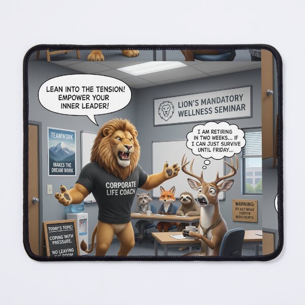 Item preview, Lions Mandatory Wellness Seminar Funny Corporate Burnout Meme designed and sold by SoftAuraStudi0.