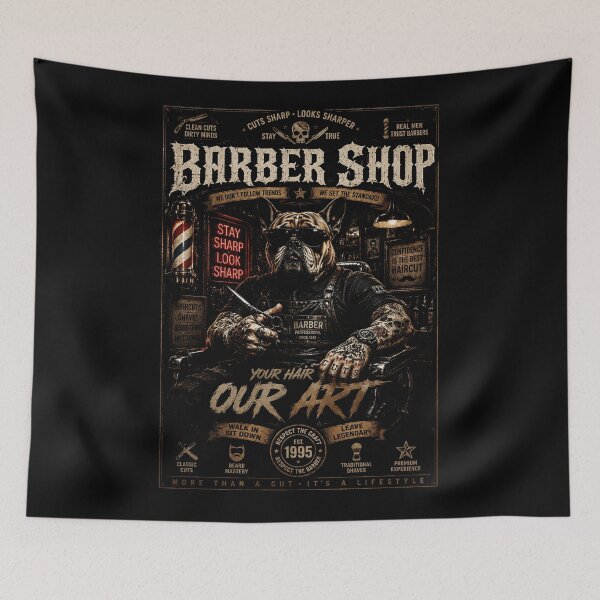 Item preview, Vintage Bulldog Barber Shop Poster with Gritty Tattoo Style designed and sold by Modaozushi216.