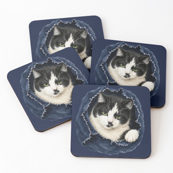 Item preview, Black and White Tuxedo Cat Peeking Through Torn Fabric Watercolor Art designed and sold by SimpliVibe.