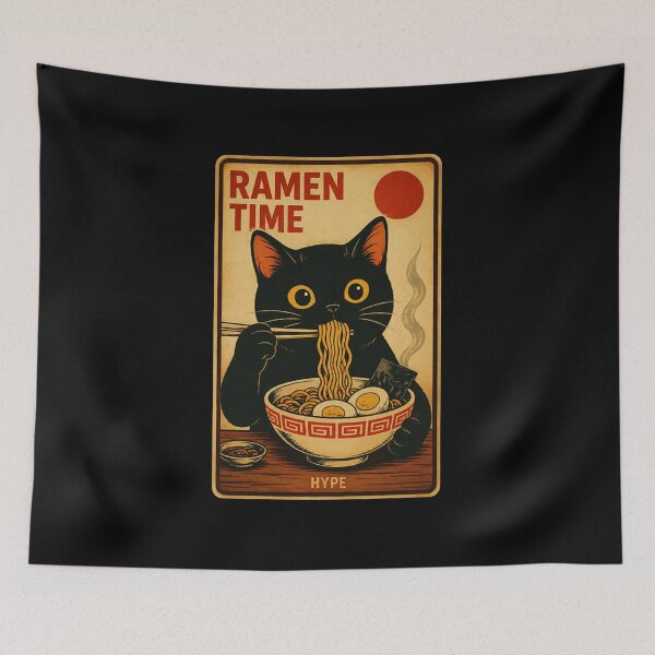 Item preview, Cute Black Cat Eating Ramen in Retro Japanese Poster Style designed and sold by ferminhays.