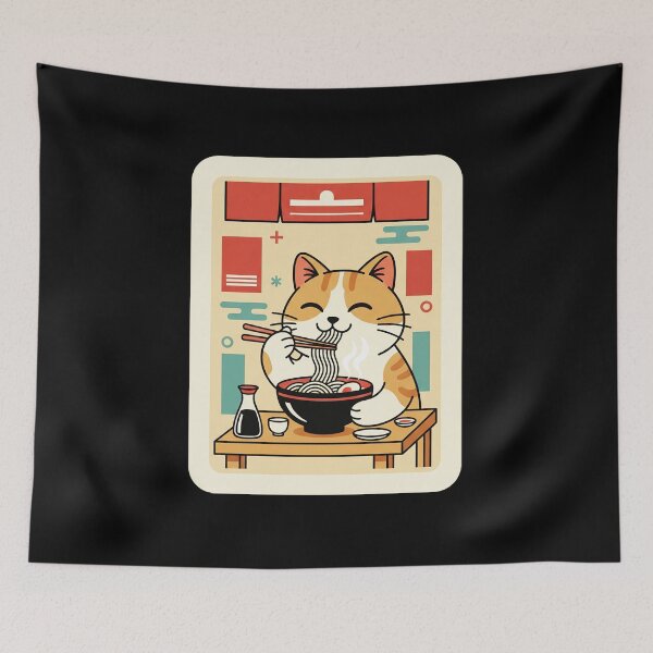 Item preview, Cute Noodle Eating Cat Illustration with Cozy Retro Cafe Vibes designed and sold by JordynLadukeg65.