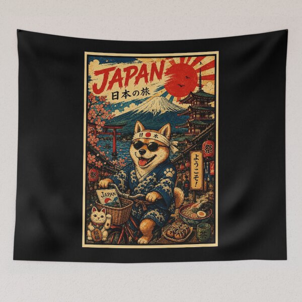 Item preview, Shiba Inu Japan Travel Poster with Vintage Street Festival Style designed and sold by eliramaison.