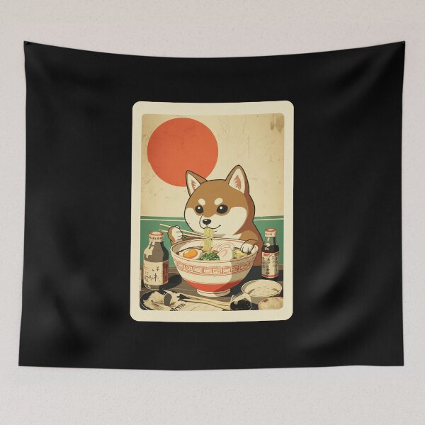 Item preview, Retro Shiba Inu Enjoying Ramen Beneath a Rising Sun designed and sold by JordynLadukeg65.