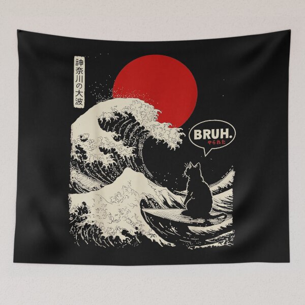Item preview, Bruh Cat Great Wave Surfing Meme designed and sold by AmaXONIC.
