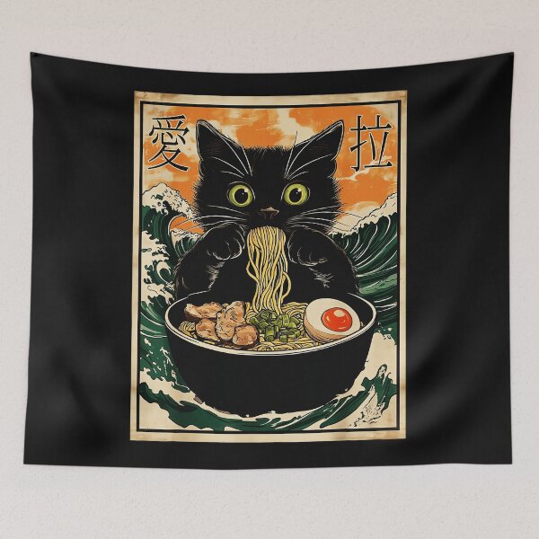Item preview, Black Cat Eating Ramen Noodles Japanese Food Lover designed and sold by AmaXONIC.