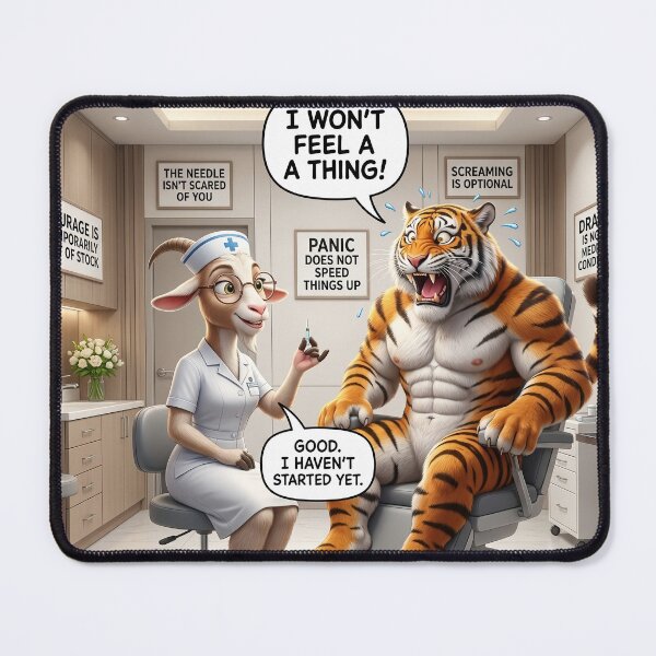 Item preview, Funny Tiger Nurse Goat Vaccine Injection Doctor Office Humor designed and sold by SoftAuraStudi0.
