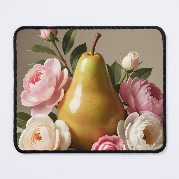 Item preview, Shiny Pear Still Life Among Peonies – Elegant Botanical Fruit Art designed and sold by EmeraldeaArt.