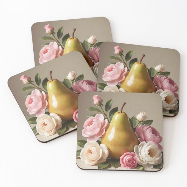 Item preview, Shiny Pear Still Life Among Peonies – Elegant Botanical Fruit Art designed and sold by EmeraldeaArt.