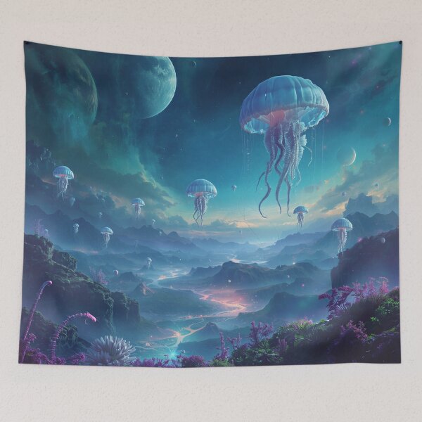 Item preview, Floating Jellyfish Kingdom Bioluminescent Alien Landscape designed and sold by Luminous Wilds.