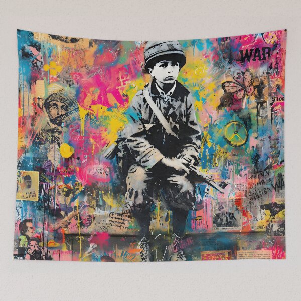 Item preview, Street Mural Little Boy "Stop War" Colorful Collage Art  designed and sold by GrinGalore.