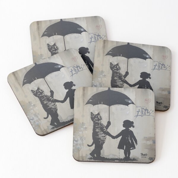 Item preview, Street Mural Little Girl and Tabby Cat with Umbrella Art designed and sold by GrinGalore.