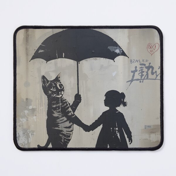 Item preview, Street Mural Little Girl and Tabby Cat with Umbrella Art designed and sold by GrinGalore.