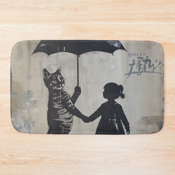 Item preview, Street Mural Little Girl and Tabby Cat with Umbrella Art  designed and sold by GrinGalore.
