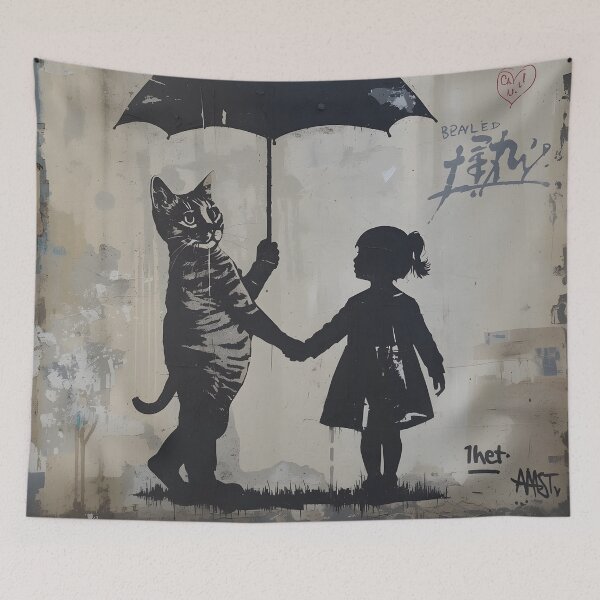 Item preview, Street Mural Little Girl and Tabby Cat with Umbrella Art  designed and sold by GrinGalore.