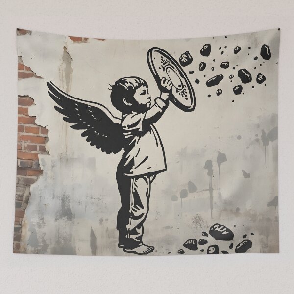 Item preview, Street Mural Little Boy with Wings and Shield Art designed and sold by GrinGalore.