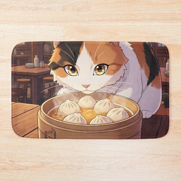 Item preview, Tricolor Tortoiseshell Cat Enjoying Dim Sum Soup – Cute Anime Restaurant Scene designed and sold by EmeraldeaArt.
