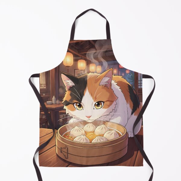 Item preview, Tricolor Tortoiseshell Cat Enjoying Dim Sum Soup – Cute Anime Restaurant Scene designed and sold by EmeraldeaArt.
