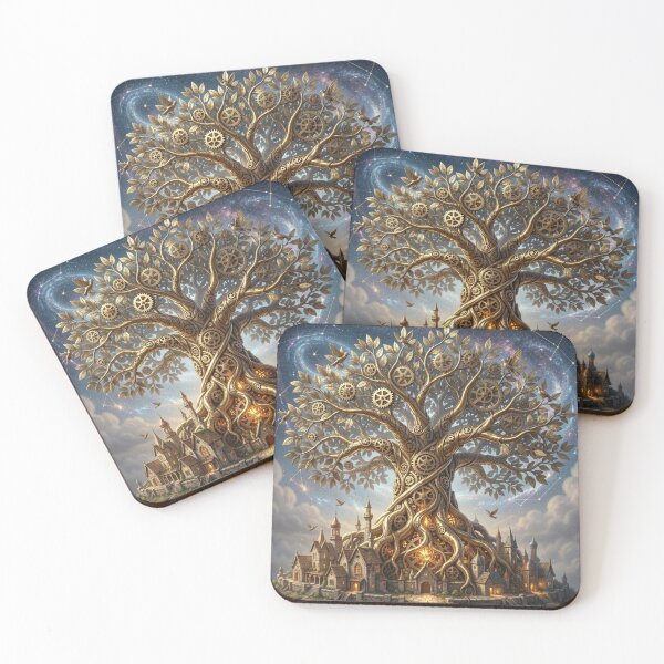 Item preview, Ancient mechanical tree made of brass and gears under a sky full of swirling constellations designed and sold by FotoworldEdel.
