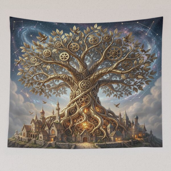 Item preview, Ancient mechanical tree made of brass and gears under a sky full of swirling constellations designed and sold by FotoworldEdel.