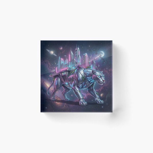 Item preview, Retrofuturistic city on the back of a bioluminescent panther in interstellar space designed and sold by FotoworldEdel.