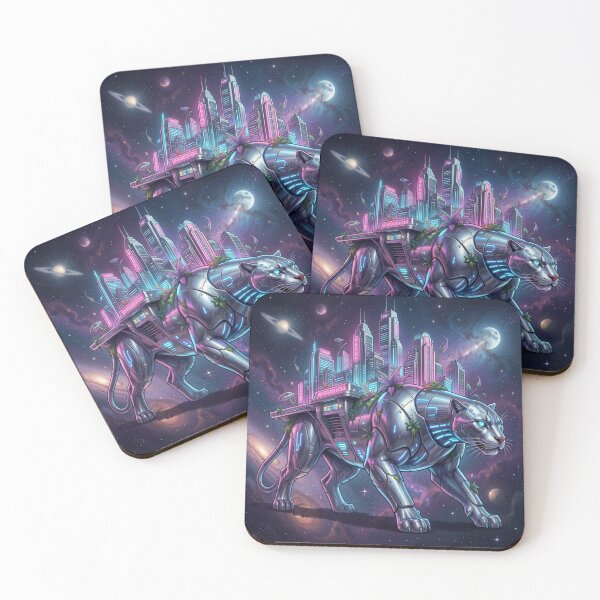 Item preview, Retrofuturistic city on the back of a bioluminescent panther in interstellar space designed and sold by FotoworldEdel.