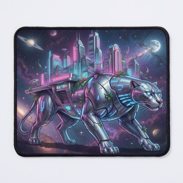 Item preview, Retrofuturistic city on the back of a bioluminescent panther in interstellar space designed and sold by FotoworldEdel.