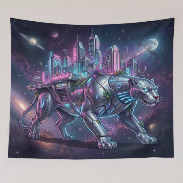 Item preview, Retrofuturistic city on the back of a bioluminescent panther in interstellar space designed and sold by FotoworldEdel.