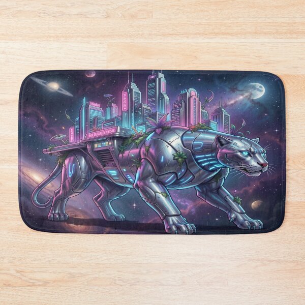 Item preview, Retrofuturistic city on the back of a bioluminescent panther in interstellar space designed and sold by FotoworldEdel.