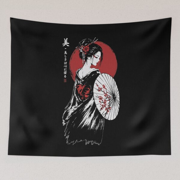 Item preview, Elegant Geisha with Sakura Parasol | Japanese Red Sun Aesthetic Art designed and sold by MonNoir.