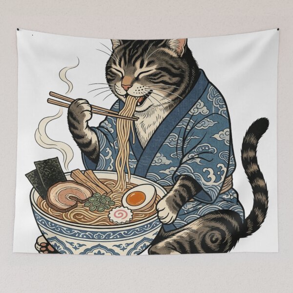 Item preview, Ukiyoe Style Cat Eating Ramen - Japanese Woodblock Aesthetic designed and sold by vekotpu.