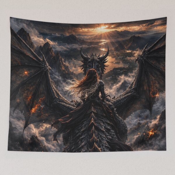 Item preview, Epic Dragon Rider Over Storm Clouds | Dark Fantasy Dragon Flight designed and sold by DrakariArt.