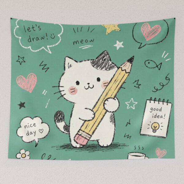 Item preview, Cute Hand Drawn Doodle Cat on Seagreen Background designed and sold by konkapo00.