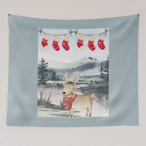 Item preview, Deer in a winter forest with Christmas garland designed and sold by PureHopeStudio.