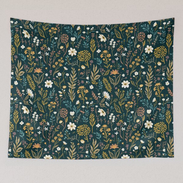 Item preview, Vintage Wildflower Garden on Dark Teal designed and sold by NuvoraNest.