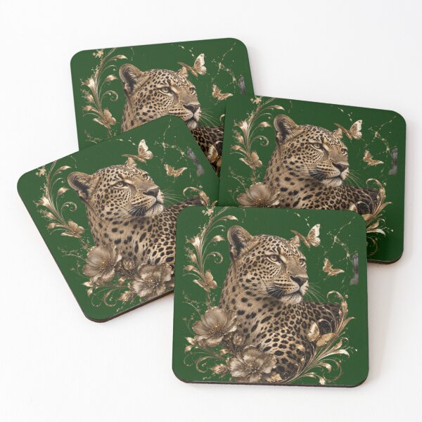 Item preview, Emerald Leopard Gold Floral Luxury Wildlife Art designed and sold by Rawafi Art Studio.