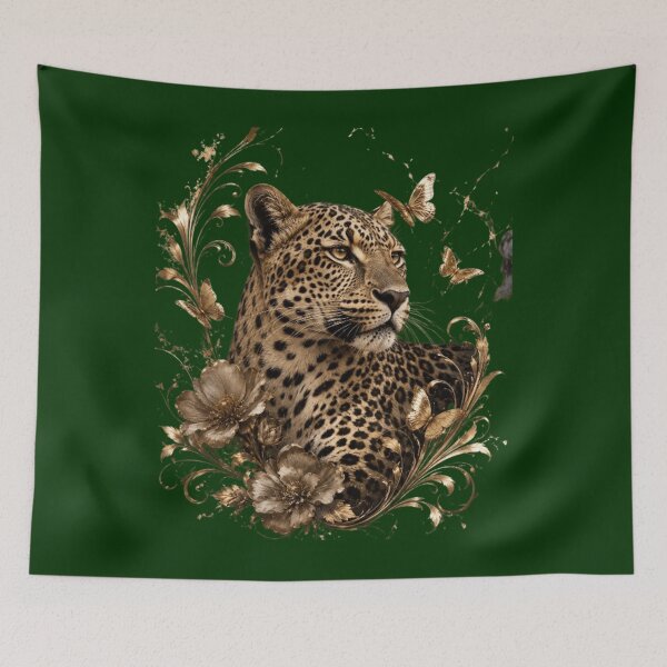 Item preview, Emerald Leopard Gold Floral Luxury Wildlife Art designed and sold by Rawafi Art Studio.