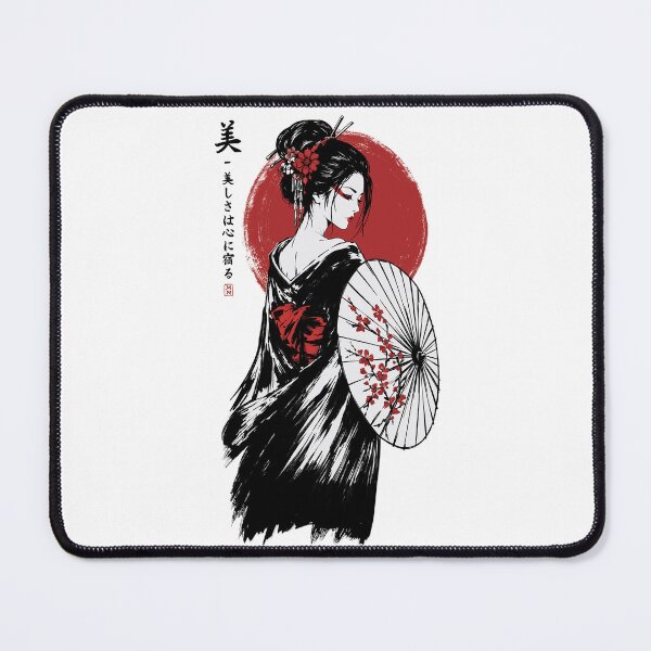 Item preview, Elegant Japanese Geisha with Sakura Parasol | Red Sun Asian Aesthetic Art designed and sold by MonNoir.