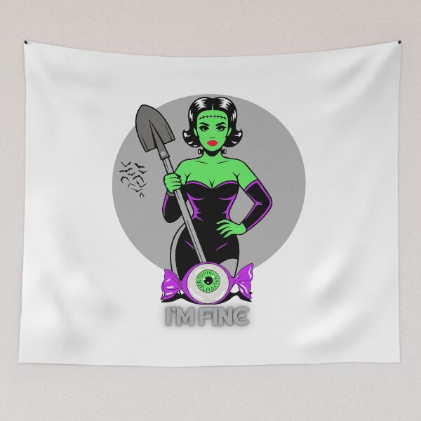 Item preview, Frankenstein woman with shovel and “I’m fine” text vector illustration designed and sold by creepyprints.