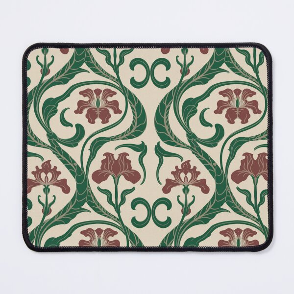 Item preview, Elegant Art Nouveau Iris Pattern | Flowing Green Maroon Floral Seamless Repeat designed and sold by Midnight Veil Designs.