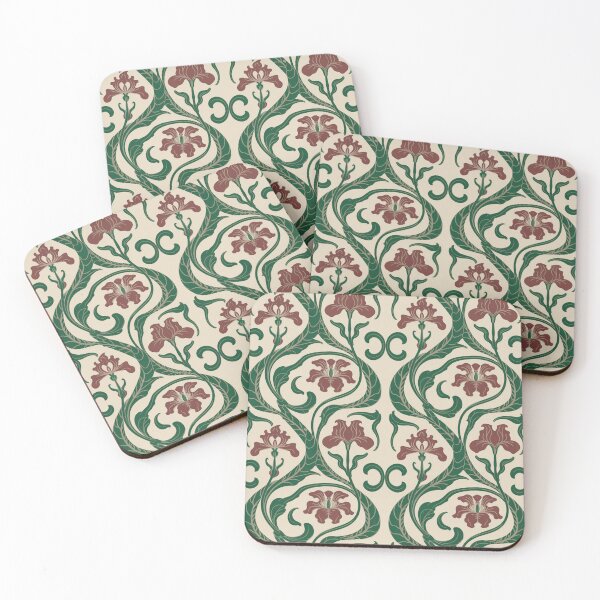 Item preview, Elegant Art Nouveau Iris Pattern | Flowing Green Maroon Floral Seamless Repeat designed and sold by Midnight Veil Designs.