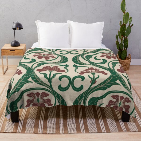 Item preview, Elegant Art Nouveau Iris Pattern | Flowing Green Maroon Floral Seamless Repeat designed and sold by Midnight Veil Designs.