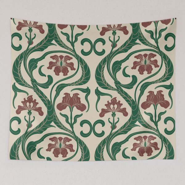 Item preview, Elegant Art Nouveau Iris Pattern | Flowing Green Maroon Floral Seamless Repeat designed and sold by Midnight Veil Designs.