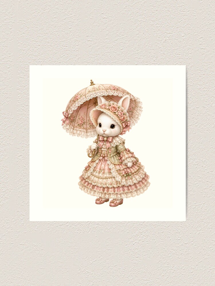 Thumbnail 1 von 3, Kunstdruck, Elegant Victorian Bunny with Rose Parasol and Floral Lace Dress designt und verkauft von looplandger.