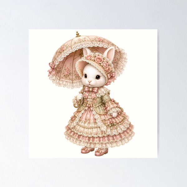 Item preview, Elegant Victorian Bunny with Rose Parasol and Floral Lace Dress designed and sold by looplandger.