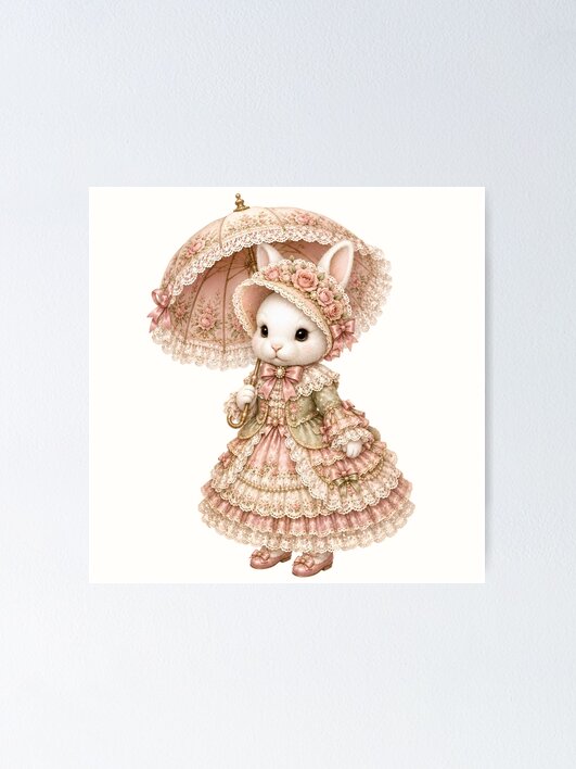 Imagen 1 de 3, Póster con la obra Elegant Victorian Bunny with Rose Parasol and Floral Lace Dress, diseñada y vendida por looplandger.