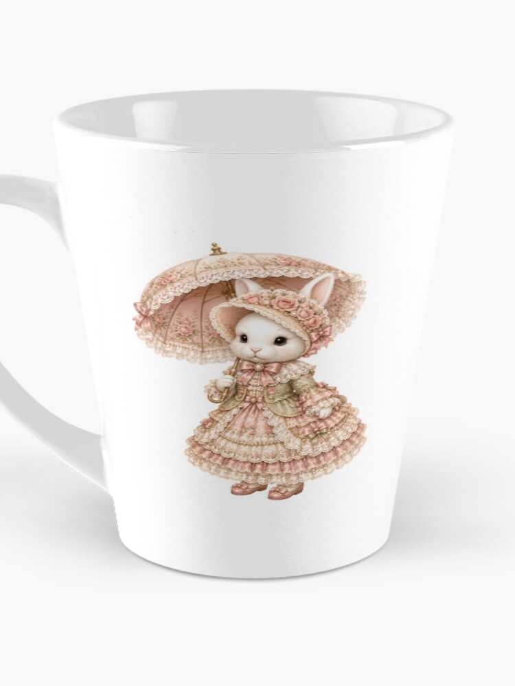 Thumbnail 3 von 4, Kaffeebecher, Elegant Victorian Bunny with Rose Parasol and Floral Lace Dress designt und verkauft von looplandger.