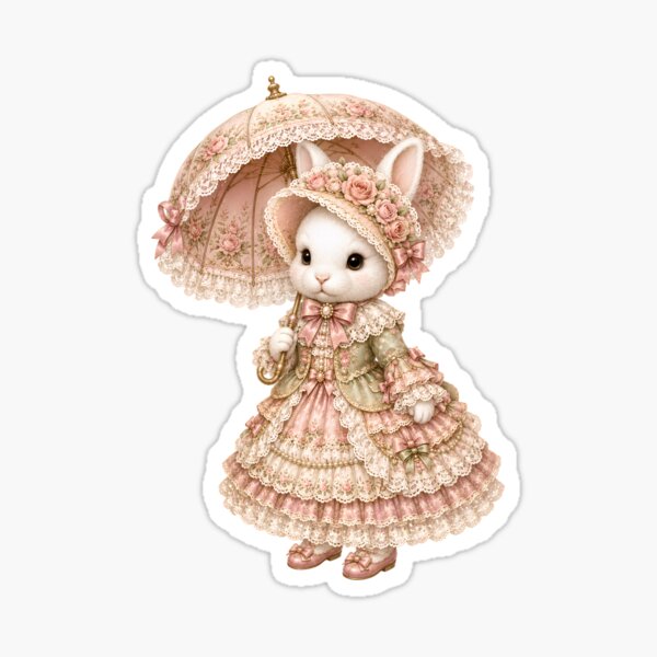 Item preview, Elegant Victorian Bunny with Rose Parasol and Floral Lace Dress designed and sold by looplandger.