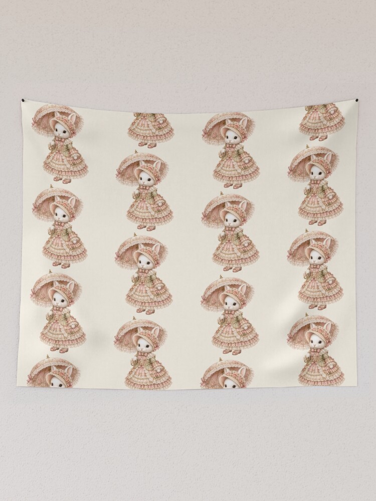 Aperçu 2 sur 3. Tentures avec l'œuvre Elegant Victorian Bunny with Rose Parasol and Floral Lace Dress créée et vendue par looplandger.