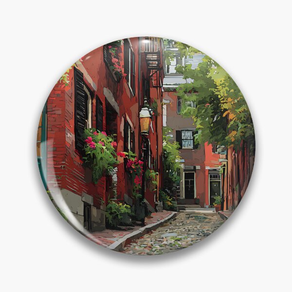 Item preview, Boston Acorn Street Beacon Hill Cobblestone Alley with Teal Door and Gas Lantern, Historic Red Brick Print designed and sold by daila70.