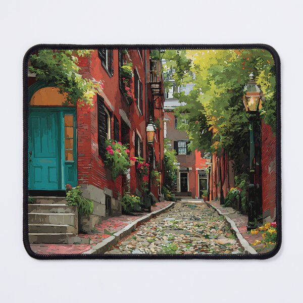 Item preview, Boston Acorn Street Beacon Hill Cobblestone Alley with Teal Door and Gas Lantern, Historic Red Brick Print designed and sold by daila70.